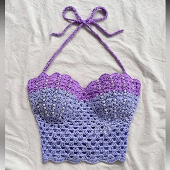 Crochet crop top halter tank purple sea shell pearl mermaid boho - Picture 2 of 4